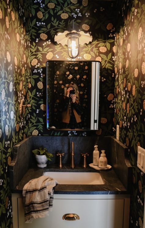 Small Wallpaper Bathroom- Utah Ranch Home - Nesting With Grace Moody Bathrooms, Utah Ranch, Moody Bathroom, Small Bathroom Wallpaper, Dark Green Bathrooms, Nesting With Grace, Wallpaper Bathroom, Dark Bathrooms, Eclectic Bathroom