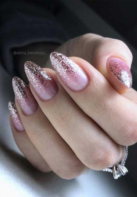 Pink Gold Ombre Nails, Ombre Nails With Glitter Tips, Pink And Silver Ombre Nails, Pink With Silver Glitter Nails, New Years Nails Oval, Pink Nails Glitter Tips, Pink And Gold Ombre Nails, Glitter Tip Nails Ombre, Pink Ombre Glitter Nails