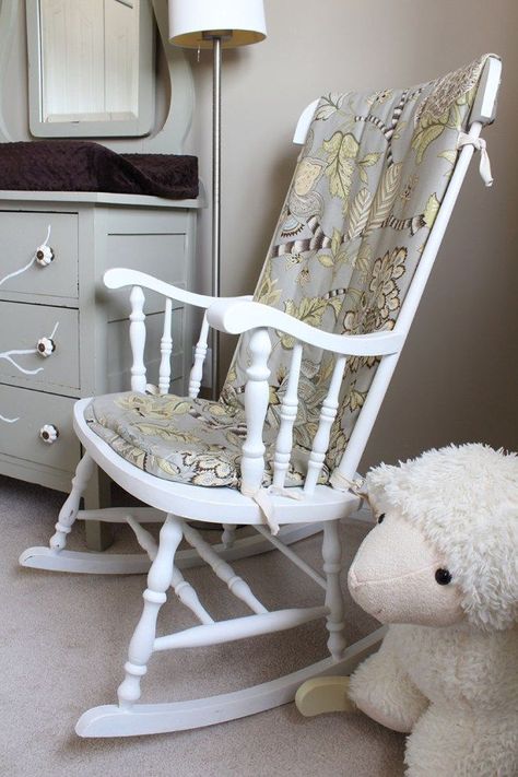 Painted secondhand rocking chair with custom DIY rocking chair cushion. #diyfurniture #nurserydecor #babyroom #ecofriendly Rocking Chair Diy, Diy Chair Cushions, Rocking Chair Makeover, Rocking Chair Cushion, Diy Rocking Chair, Wooden Rocking Chairs, Rocking Chair Cushions, Rocking Chair Nursery, Baby Rooms