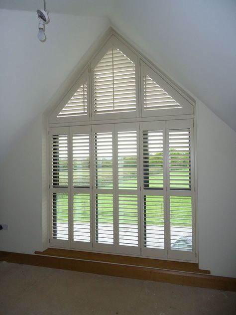 A Frame Window Treatments, Apex Windows, Arched Window Coverings, Large Window Treatments, Apex Window, Steel Stair Railing, Triangle Window, Indoor Shutters, Gable Window