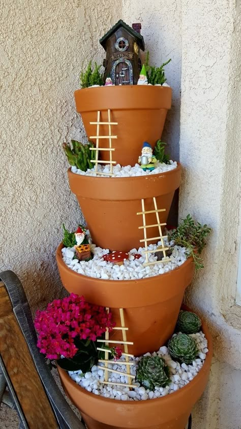 Fairy Garden Design Ideas, Fairy Garden Pots, Tiered Planter, Terra Cotta Pot Crafts, Fairy Garden Designs, Flower Pot Crafts, Christmas Float, Pot Crafts, Clay Pot Crafts