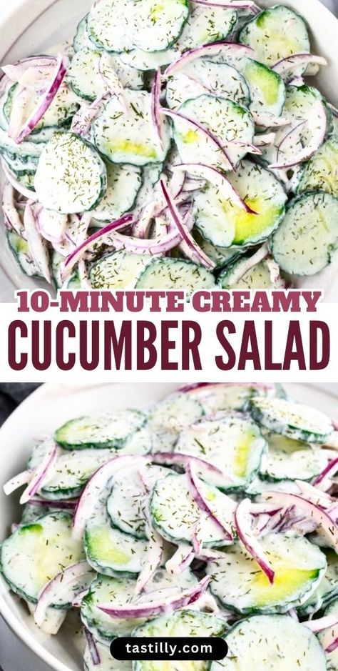 Looking for a fresh, crisp, low-calorie, and easy-to-make salad with tons of flavor? Then this Creamy Cucumber Salad is for you. With its 10-minute prep time and easy-to-find in your fridge and pantry ingredients, you might not even need a trip to the grocery store. The secret? The sweet and tangy creamy dressing! Cucumber Red Onion Salad, Quick Salad Recipes, Egg Salad Recipe Healthy, Low Calorie Salad, Salad Recipes Healthy Lunch, Cucumber Noodles, Salad Dressing Recipes Healthy, Creamy Cucumber Salad, Cucumbers And Onions