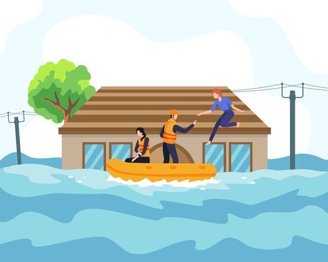 Flood disaster illustration concept. res... | Premium Vector #Freepik #vector #water #house #building #road Floods Drawing, Water Flood Drawing, Flood Scene Drawing, Natural Disasters Drawing, Water Flood Illustration, Natural Disasters Art Poster, Natural Disasters Illustration, Flood House, Floods Pictures