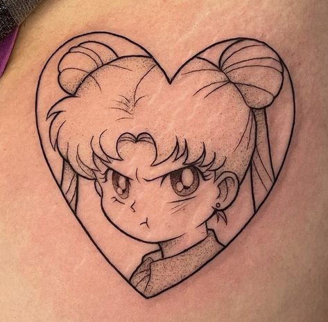 Heart Anime Tattoo, Girly Anime Tattoo Ideas, Anime Heart Tattoo, Usagi Tattoo, Sailor Moon Tattoo Design, Ff7 Tattoo, Kawaii Flash Tattoo, Sailor Moon Tattoo Ideas, Flash Tattoo Anime