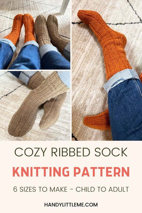 Free Sock Knitting Pattern. Make a ribbed pair of socks for the whole family with this sock pattern. Available to make in six sizes. Beginner Socks Knitting Free Pattern, Chunky Socks Knitting Pattern, Free Crochet Socks Patterns, Simple Sock Knitting Pattern, Knit Socks Pattern Free, Sock Knitting Pattern, Winter Knitting Patterns, Knitted Socks Free Pattern, Knitting Pattern Easy