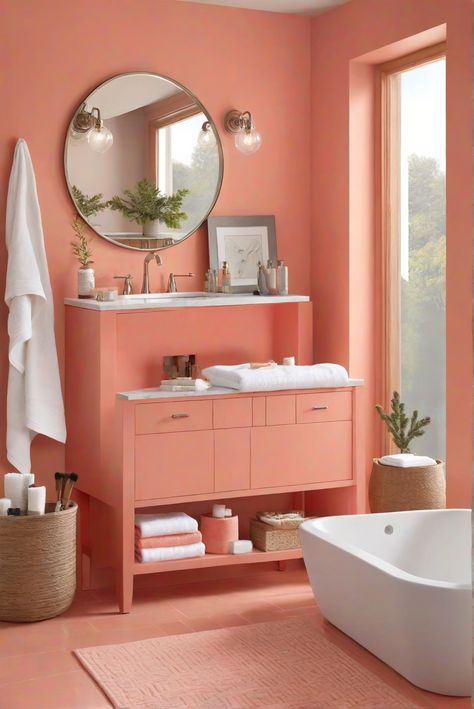 Refresh your bathroom with the invigorating shade of Energizing Coral (SW 6874)! Follow this daily interior designer routine for a cozy and serene space that will revitalize your mornings. #Ad #homedecor #homedesign #bathroom #Painthome interiorarchitecture best Wall Colors for Bathroom Colors Bright Room Colors best colors combinations bathroom bathroom Remodeling Modern Paint Colors 2024 Coral Bathroom Ideas, Yellow Bedroom Paint, Coral Bathroom, Bright Room Colors, Best Wall Colors, Modern Paint Colors, Paint Trends, Serene Bathroom, Girly Decor