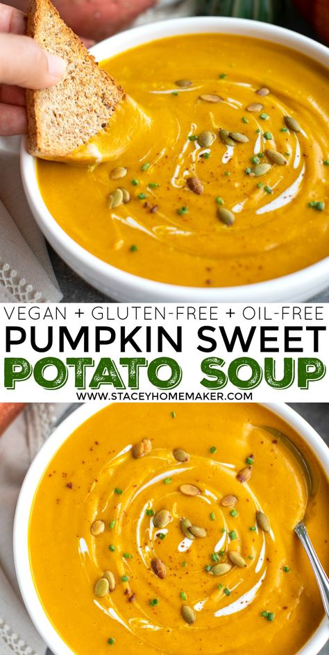 Pumpkin Carrot Soup, Pumpkin Sweet Potato Soup, Pumpkin Sweet Potato, Soup Pumpkin, Pumpkin Recipes Dinner, Puree Recipes, Pumpkin Puree Recipes, Sweet Potato Soup Recipes, Pumpkin Recipes Healthy