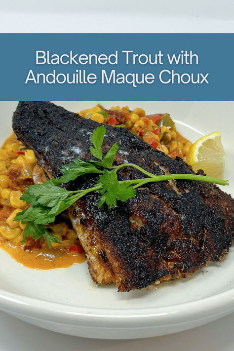 Blackened Speckled Trout with Andouille Sausage Maque Choux is a harmonious blend of Cajun-inspired flavors, featuring spicy, charred trout paired with a rich, creamy medley of corn, bell peppers, and smoky andouille sausage. Speckled Trout Recipe, Classic Blt Sandwich, Trout Recipe, Southern Fried Catfish, Speckled Trout, Trout Recipes, Blt Sandwich, Fried Catfish, Sandwich Spread