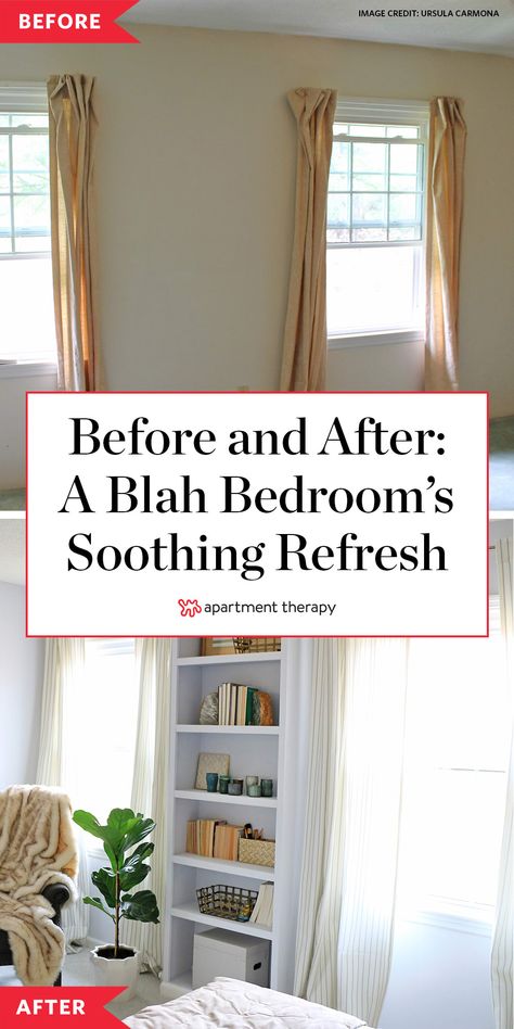 Before and After: A Blah Bedroom’s Soothing Refresh Has Ideas Starting at $10 Bedroom Before After Makeover, House Refresh Ideas, Bedroom Refresh Ideas, Bedroom Before And After, Bookcase In Bedroom, Before And After Room Makeover, Bedroom Makeover Before And After, Remodeling House, Rented Apartment