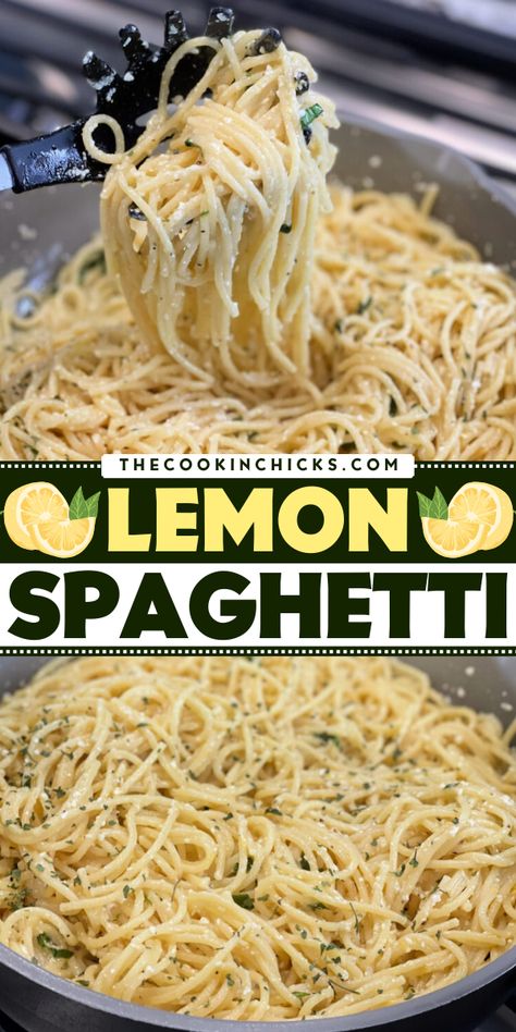 Looking for springtime dinner recipes? This Lemon Spaghetti recipe is just the thing for you! It's an easy spring dinner bursting with refreshing, light flavor that's ready to enjoy in under 20 minutes. Bust out this easy lemon pasta on a busy weeknight! Lemon Chicken Pasta Recipes Easy, Lemon Chicken Pasta Recipes Healthy, Italian Chicken Over Lemony Spaghetti, Baked Lemon Chicken Spaghetti Primavera, Quick Lemon Ricotta Spaghetti, Lemon Spaghetti, Springtime Recipes, Delicious Chicken Dinners, Chicke Recipes