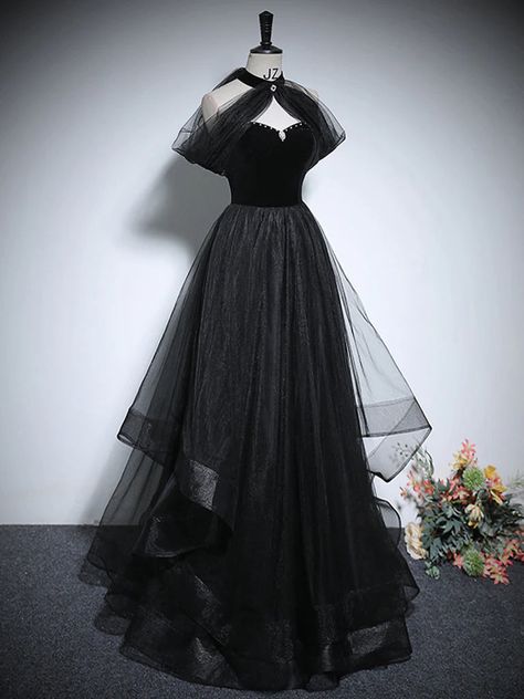 Product Code: ED0619 Length: Floor Length Fabric: Tulle, Velvet Back Style:Lace Up Built-In Bra: Yes Shown Color: Black Cheap Prom Dresses Under $50, Black Dress Outfit Wedding, Black Sparkly Outfit, Goth Prom Outfit, Gothic Bridesmaid Dresses, Alt Prom Dresses, Goth Formal Dress, Cheap Black Prom Dresses, Black Fairy Dress