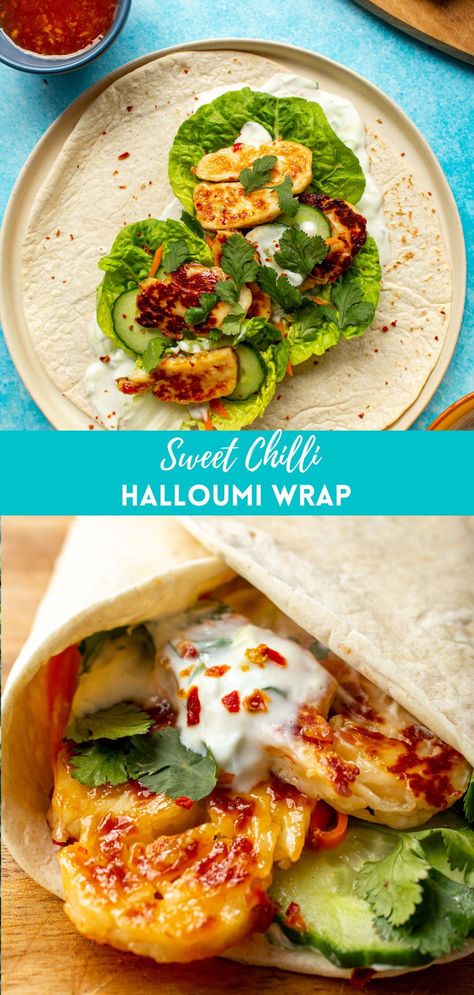 This is an amazing quick vegetarian lunch idea. This halloumi wrap recipe is infused with sweet chilli and takes less than 15 minutes to make! It's a quick and refreshing dish! Sweet Chilli Halloumi Wrap, Hallumi Recipes Wraps, Vegetarian Quick Lunch Ideas, Halumi Cheese Wrap, Vegetarian Meal Ideas For Dinner, Vege Wrap Ideas, Vegetarian Halloumi Recipes, Halloumi Lunch Ideas, Quick Lunch Vegetarian