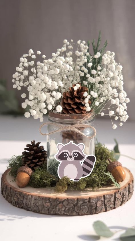 Forest Baby Shower Theme Centerpieces, Enchanted Forrest Baby Shower Ideas, Baby Boy Centerpiece Ideas, Winter Wonderland Baby Shower Ideas Centerpieces, Adventure Themed Baby Shower Ideas, Nature Baby Shower Ideas, Woodland Table Decorations, Outdoorsy Baby Shower Ideas, Moose Baby Shower Ideas