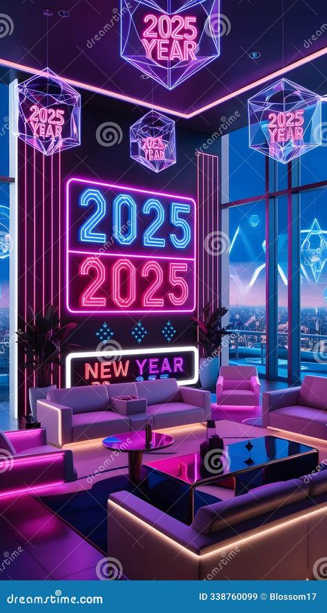 AI Genereated - Vibrant futuristic lounge with neon 2025 signs, holographic decorations, and a bustling city view. Holographic Decorations, City View Illustration, Futuristic Lounge, Happy Frames, View Illustration, Snow Party, New Year Illustration, Abstract Animal Art, Bustling City