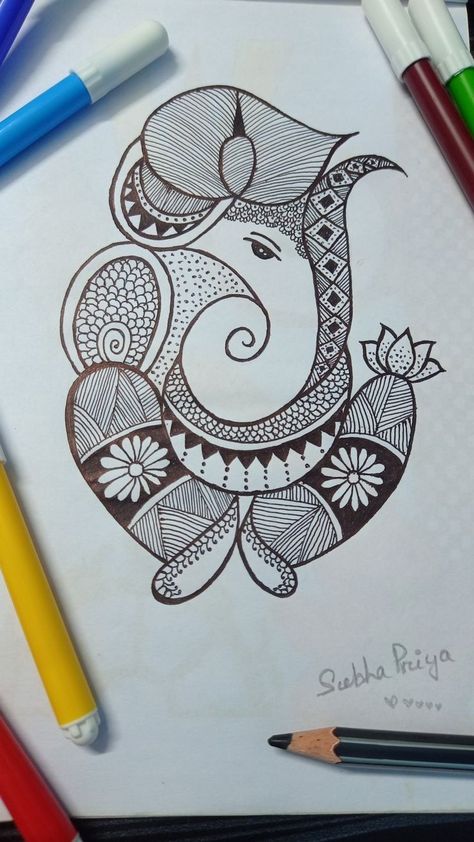 Ganesha, Mandala Art, Krishna, Elephant, Pencil, Flowers, White, Black, Art