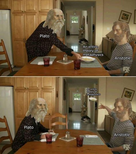 'Truth is a dish best served cold.' The opposites: Plato and Aristotle PHILOSOPHY MATTERS Aristotle Philosophy, Plato And Aristotle, Deep Memes, The Opposites, Philosophy Memes, Gay Quotes, Historical Humor, Greek Philosophy, Classical Art Memes