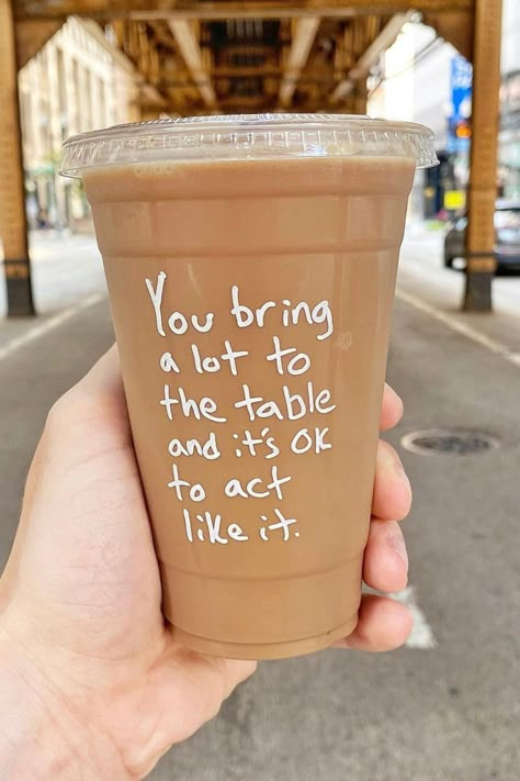 Iced coffee cup with quote @case.kenny on Instagram Motivational quote inspiration Chicago Coffee Cups With Quotes, Coffee Cup Quotes Inspiration, Iced Coffee Quotes Instagram, Iced Coffee Sayings, Case Kenny Quotes, Ice Coffee Quotes, Coffee Inspiration Quotes, Coffee Aesthetic Quotes, Coffee Aesthetic Art