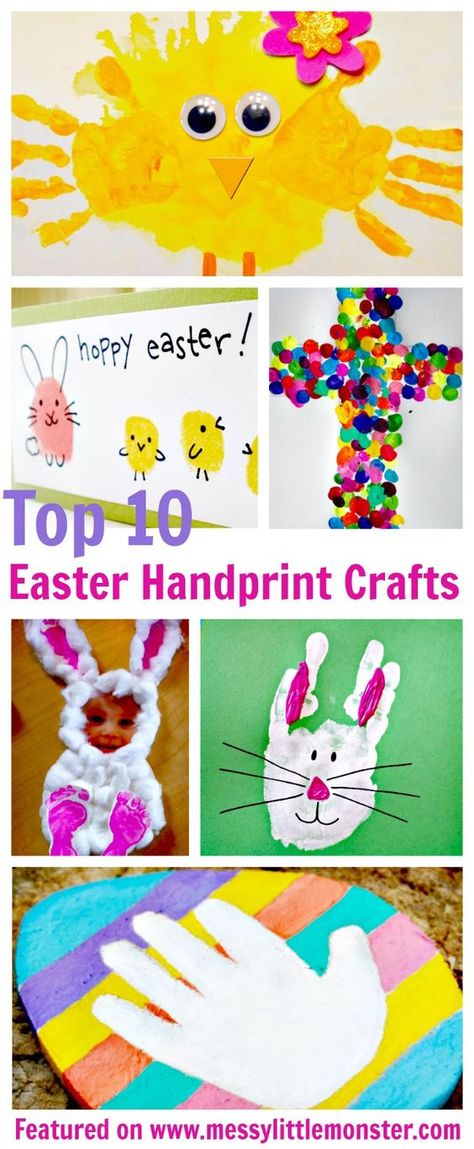 Easter handprint craft ideas for kids. A collection of 10 Easter ideas for toddlers and preschoolers including Easter bunny, chicks, Easter eggs and crosses. Easter Handprint Crafts, Easter Handprint, Handprint Ideas, Easter Crafts To Make, Craft For Toddlers, Easter Crafts For Toddlers, Easter Door Decor, Fingerprint Art, Easter Preschool