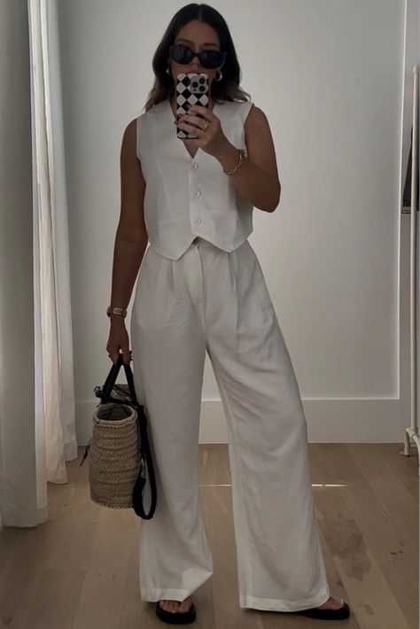 Linen vest, white linen vest outfit, summer 2023 outfit idea Linen Vest Outfit, White Vest Outfit, White Linen Trousers, Fall Style Guide, Linen Vest, University Outfit, University Style, Vest Outfit, White Linen Pants