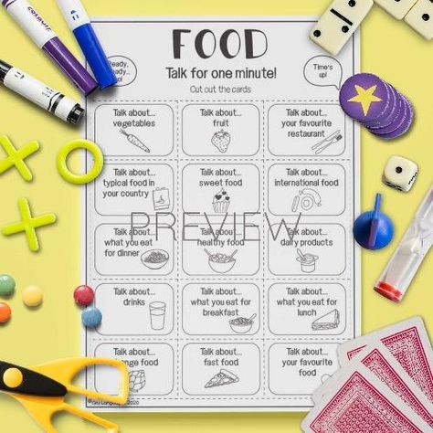 Food 'Talk For A Minute' Cards English Speaking Game, Game Worksheet, Speaking Games, Esl Kids, Vocabulary Instruction, Food Vocabulary, Give Me Five, Worksheet For Kids, Kids Food