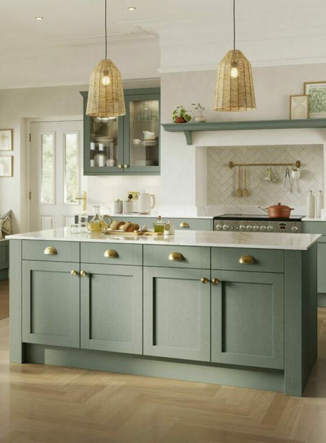 Muirfield - At Home with Huws Gray Green Shaker Kitchen, Magnolia Kitchen, Kitchen Colours, Free Kitchen Design, Accessible Bathroom, Green Kitchen Cabinets, Shaker Doors, Shaker Kitchen, Fern Green