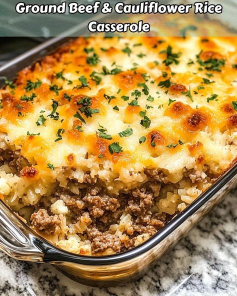 Recipes Eaters Cauliflower And Ground Beef Recipes, Beef Cauliflower Rice, Ground Beef Cauliflower, Beef Cauliflower, Cauliflower Rice Casserole, Ground Beef Casserole Recipes, Cauliflower Casserole, Beef Casserole Recipes, Ground Beef Casserole