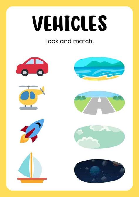 Vehicles Worksheet, Match Worksheet, Matching Worksheets, Worksheet Template, Kindergarten Worksheets, English Lessons, Teaching English, Printed Materials, Yellow White