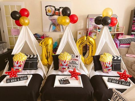 Slumber Party Business, Birthday Movie Night, Birthday Movie, Cinema Party, Sleepover Tents, 10th Birthday Party, Slumber Party Birthday, Party Tents, Movie Birthday Party