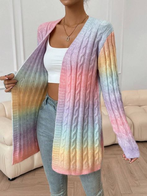 SHEIN Essnce Ombre Cable Knit Duster Cardigan | SHEIN USA Knit Duster, Rainbow Cardigan, Drop Shoulder Cardigan, Cardigan Design, Cardigan Casual, Long Sleeve Knitted Cardigan, Open Front Sweater, Duster Cardigan, Cardigan Long