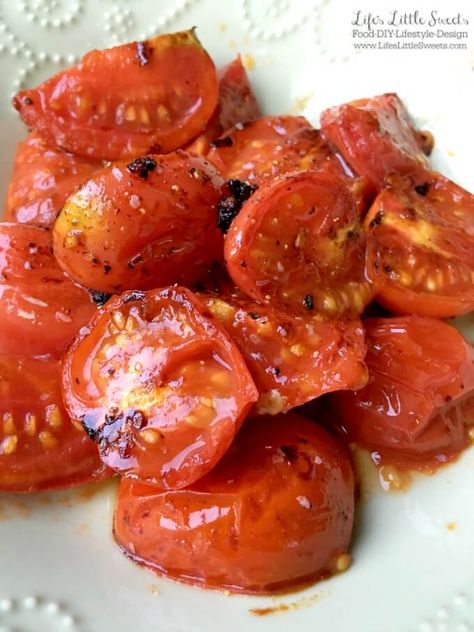 Pan-Fried Tomatoes are a tasty side dish to go with dinner, you can have them over a salad or with crackers and cheese for an appetizer. #friedtomatoes #tomatoes #grapetomatoes #cherrytomatoes #basil #pasta #vegan #glutenfree #oliveoil How To Fry Tomatoes, Sauteed Tomatoes And Onions, Pan Seared Tomatoes, Pan Fried Tomatoes, Pan Roasted Tomatoes, Sauteed Cherry Tomatoes Recipe, Fried Tomatoes Red, Saute Tomatoes, Fried Cherry Tomatoes