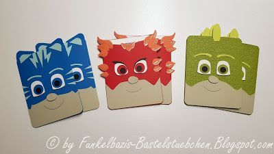 Funkelbazis Bastelstübchen: PJ Mask Pyjamahelden, Einladungskarten, Kindergeburtstag, Punch Art Cards, Eulet, Gecko, Catboy, Birthday Birthday Party Surprise Ideas, Party Surprise Ideas, Bendi Cards, Birthday Party Surprise, Pj Mask Party, Punch Art Cards, Ballon Party, Camping Birthday, Cards For Kids