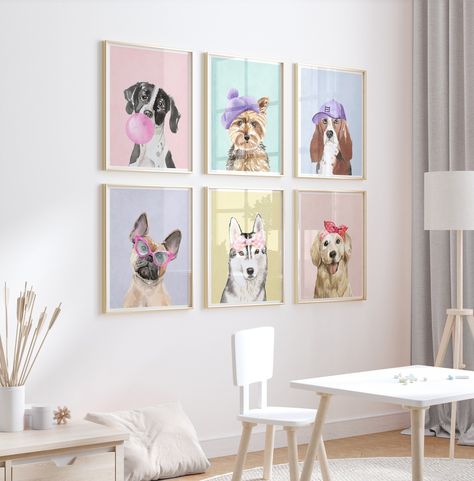 Adorable Set of Prints for Girls, Dog Puppy Themed Room, Puppy gallery Wall, Colorful Funny Dressed up Dogs, Puppy Wall Art digital, Colors Girls Dog Themed Bedroom, Dog Themed Bedroom Kid Rooms, Puppy Theme Room, Dog Theme Bedroom, Dog Themed Bedroom, Dog Wall Painting, Big Playroom, Gallery Wall Colorful, Murphy Bedroom