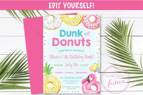 Donut Pool Party, Donut Party Invitation, Donut Birthday Party Invitations, Donut Pool, Donut Party Decorations, Donut Invitation, Doughnut Party, Pool Party Birthday Invitations, Birthday Donuts