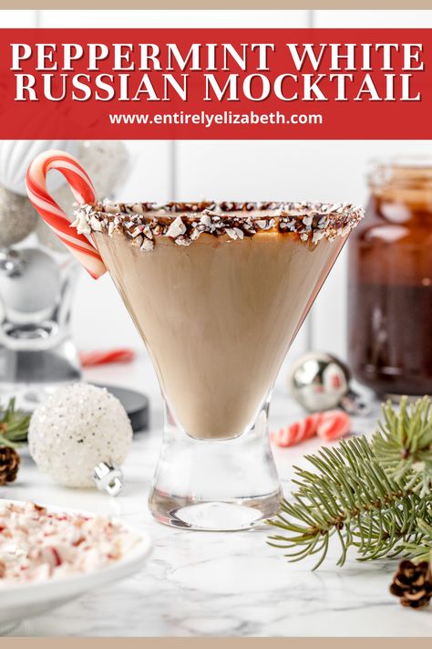 This festive and creamy Peppermint White Russian Mocktail has notes of cocoa, coffee, and mint. It is easy to make, so delicious, and comes with two non alcoholic versions!