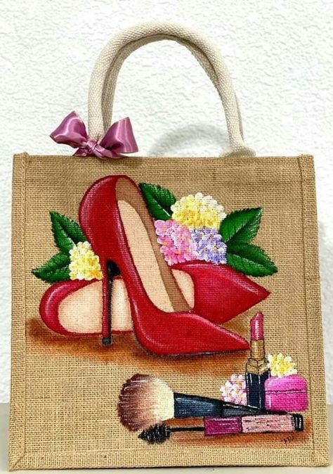 Jute Bag Painting Ideas, Hand Painted Bags Handbags, Jute Bags Design, Painted Canvas Bags, Painted Burlap, Painted Handbag, Totes Ideas, Canvas Bag Design, Burlap Tote Bags