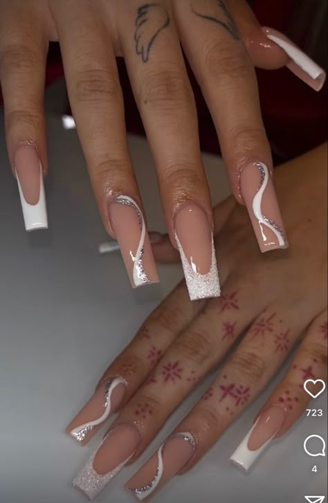 Nail Designs White Swirl, Split French Tip Nails Acrylic, Pretty Nails Acrylic Coffin Medium, Square French Tip Acrylic Nails Long With Diamonds, Medium French Tip Nails With Design, Nails 2023 Medium, Medium French Tip Acrylic Nails With Design, French Top Nail Designs, Medium Square French Tip Acrylic Nails