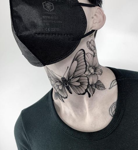 Tattoo Designs On Neck, Neck Tattoo Women, Flower Neck Tattoo, Mens Butterfly Tattoo, Front Neck Tattoo, Full Neck Tattoos, Butterfly Neck Tattoo, Purple Butterfly Tattoo, Borboleta Tattoo