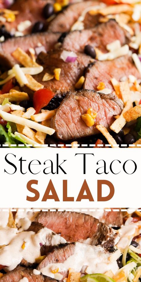 Steak Taco Salad is made with marinated sirloin steak, pan roasted sweet corn, crunchy tortilla strips, Mexican cheese, and a creamy lime dressing! It's fresh, flavorful, hearty, and full of Tex-Mex flavors. The perfect easy, delicious, and healthy dinner recipe! Steak Taco Salad Bowls, Sirloin Steak Recipes Mexican, Stake Salad Dinners, Sirloin Steak Salad, Sirloin Steak Strips Recipes, Salads With Steak, Steak Salad Recipes For Dinner, Mexican Steak Salad, Sirloin Steak Tacos