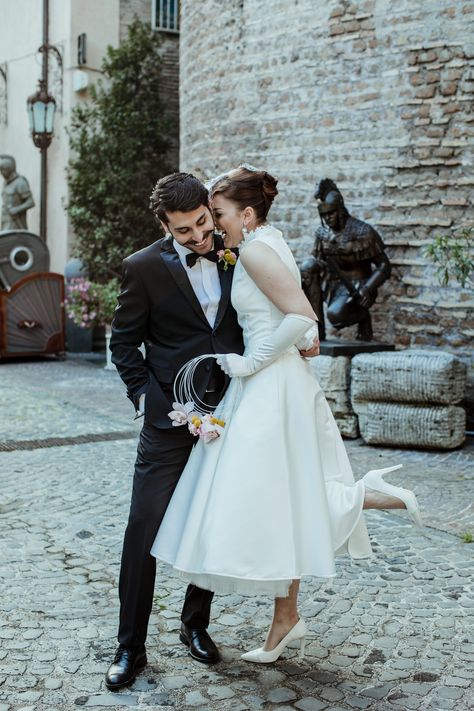 Bride Carrying Hoop Bouquet with Groom at Rome Wedding Mid Length Wedding Dress, Hoop Bouquet, Vintage Style Wedding Dress, Rue De Seine Wedding Dress, Rome Wedding, Vintage Style Wedding Dresses, Short Formal Dress, Paper Lantern, Rock My Wedding