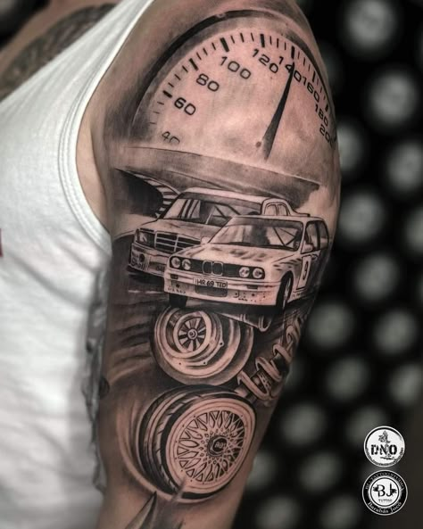 Mechanic Sleeve Tattoos For Guys, Car Guy Tattoos Sleeve, Bmw Tattoos For Men, Car Sleeve Tattoo For Men, Car Guy Tattoos For Men, Car Sleeve Tattoo, Bmw E30 Tattoo, Car Tattoo Sleeve, Car Themed Tattoos