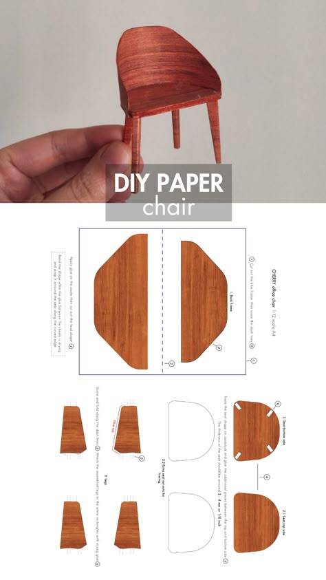 Craft your own miniature modern chair with this printable PDF template. Explore simple printables for easy paper crafting. Miniature Chair Template, Paper Chair Craft, Mini Chair Diy, Paper Templates Free Printable, Miniature Printables Templates, Mini Crafts Diy, Scale Tutorial, Dollhouse Furniture Templates, Easy Diy Miniatures