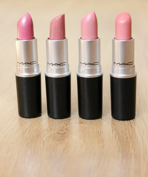 MAC Lipstick Collection Pink Mac Lipstick Shades, Creme Cup Mac Lipstick, Mac Modesty, Lip Accessories, Pink Lipstick Mac, Mac Lipstick Collection, Storybook Cosmetics, Best Mac Lipstick, Mac Lipstick Shades