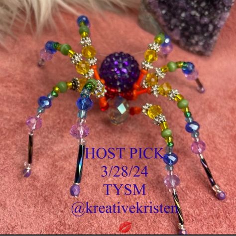 This Unique Handmade Crystal Spider Features An Array Of Colors Several Austrian Glass Crystals And Japanese Glass Cat’s Eye And Twisted Bugle Beads She Makes A Beautiful Rainbow Suncatcher Or Just A Pretty Ornament Hanging From Your Mirror Or Plants Comes Gift Boxed Size All Stretched Out Is About 5” Great Gift Idea For Birthdays / Mother’s Day Holidays / Anniversary Or Just Because Want To Save $10 Use Code: Lulusfringe When Creating Your Account Artisan Designed By The Seller Lulu @Lulusfring Fall Suncatchers, Spider Beads, Bead Creatures, Beading Animals, Bead Spiders, Beaded Suncatchers, Bead Spider, Beaded Wire Art, Beaded Insects