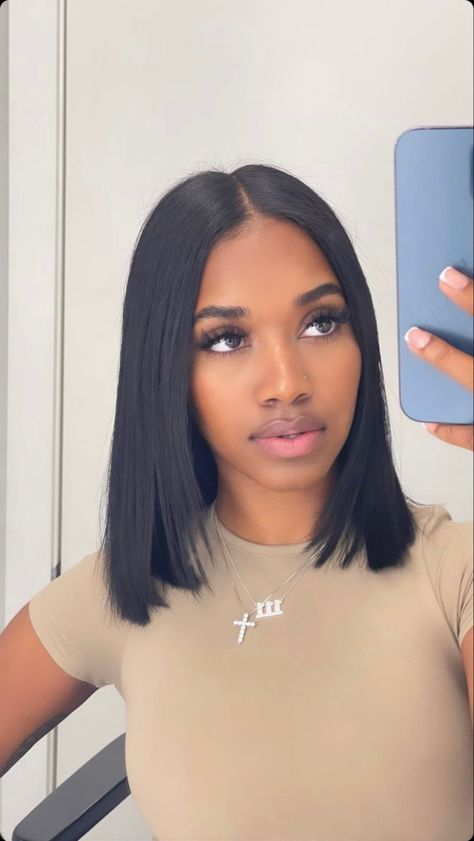 Sleek Bob Hairstyles Black Women, Shoulder Length Haircut Black Women, Sew In Bobs For Black Women, Bob Cut Black Women Real Hair, Jet Black Bob Black Women, Bob Haircuts Black Women, Relaxed Hair Bob, Shoulder Length Hair Bob, Long Bob Hairstyles Black Women