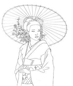 Geisha Drawing, Asian Quilts, Geisha Tattoo, Gardens Coloring Book, Full Sleeve Tattoo Design, Japan Tattoo Design, Japanese Drawings, Japanese Artwork, Japanese Tattoo Art