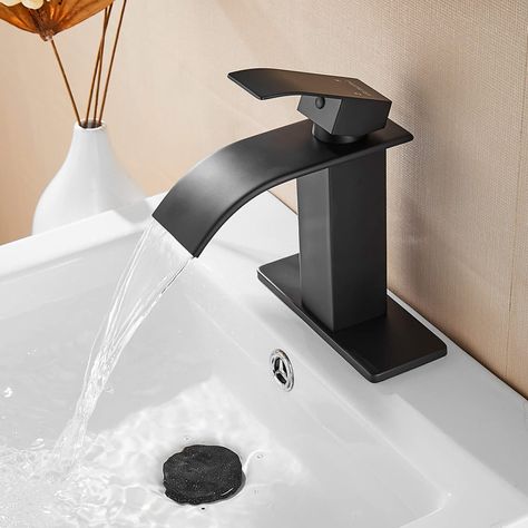 Stainless Steel Bathroom Sink, Bathroom Faucets Black, Bilik Air, Bathroom Faucets Waterfall, Black Faucet, Single Handle Bathroom Faucet, Waterfall Faucet, Plumbing Bathroom, Single Hole Bathroom Faucet