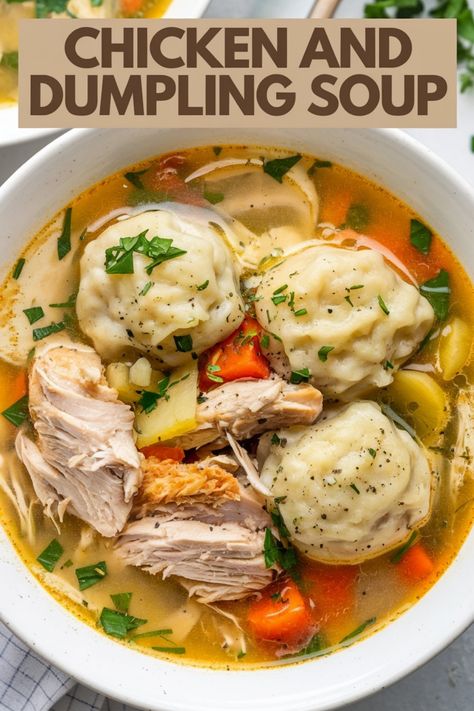 Bowl of chicken and dumpling soup with vegetables and herbs. Chicken Dumpling Soup Homemade, Chicken Stew Dumplings, Chicken Stew Dumplings Recipe, Gf Dumplings For Soup, Chicken Soup And Dumplings, Dumplings For Chicken Soup, Chicken And Dumpling Soup Recipes, Gf Chicken And Dumplings, Soup Dumplings Easy