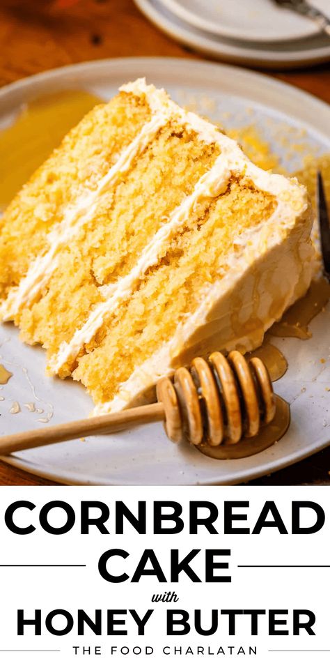 Layered Cornbread Cake with Whipped Honey Butter Frosting from The Food Charlatan. I am absolutely OBSESSED with this Cornbread Cake recipe! It's like my Cornbread Recipe and my favorite White Cake got together and had a baby. A decadent, three-layer baby, stacked together with the most butter-forward of honey buttercream frostings. I may never go back to regular ol cornbread now that I've tasted this. This is perfect for Halloween, Thanksgiving, or any time the fall baking bug hits you! Cornbread Cake Recipe, Whipped Honey Butter, Honey Buttercream, Cornbread Cake, Sweet Whipped Cream, Whipped Honey, The Food Charlatan, Honey Cornbread, Food Charlatan