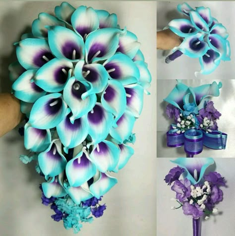 CUSTOMER SERVICE 3862435807. USA Custom Handmade. Any Color Available. Each Purchase Includes 1 Piece. 10 PIECE PACKAGE INCLUDES. 1 10"X18" Cascading Bouquet. 2 8" Bouquets. 2 Shoulder Corsage. 1 Groom Boutonniere. 4 Boutonniere Purple Turquoise Wedding, Shoulder Corsage, Bouquet Accessories, Calla Lily Bridal, Purple Calla Lilies, Purple Bridal Bouquet, Bridal Wedding Bouquet, Cascading Bouquet, Lily Bouquet