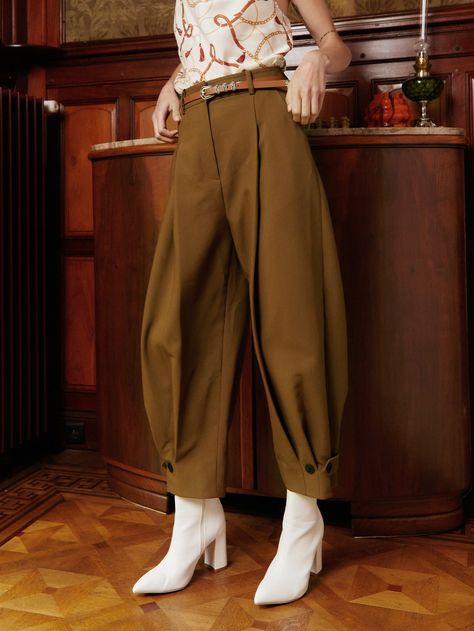 Brown Casual Collar  Fabric Plain Tapered/Carrot Embellished Non-Stretch Spring/Summer/Fall Women Bottoms Fit Trousers Outfit, Carrot Trousers, Casual Elegant Style, Carrot Pants, Trouser Outfit, Balloon Pants, Tapered Trousers, Fall Fabric, Fitted Trousers